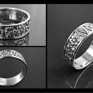Engraved Flowers Ring Boho Floral Band Ring Sterling Silver - Etsy
