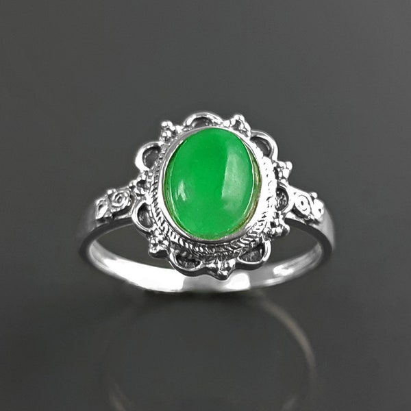 Bague Jade Veritable, Argent Massif, Jade Vert Naturel, Bague Pierre Précieuse, Bague Délicate, Jolie Bague Ovale, Bague Vintage