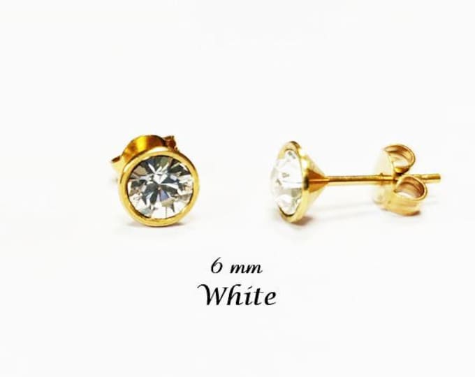 White Stone Stud Earrings • 18K Gold-Plated with Elegant Iridescent or Diamond White Cz 6mm Stone • Everyday Jewelry • Minimalist Studs