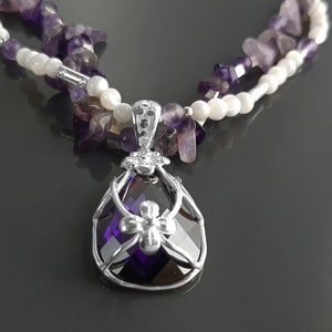 Collier Améthyste , Cuir, Galuchat, Torque, Perles, Nacre, Fleur, Zirconia, Bohème, Pendentif Améthyste, Violet, Collier Argent image 5