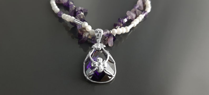 Collier Améthyste , Cuir, Galuchat, Torque, Perles, Nacre, Fleur, Zirconia, Bohème, Pendentif Améthyste, Violet, Collier Argent image 5