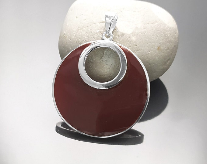 Red Round Pendant, Sterling Silver, Big Red Stone Jewelry, Unique Geometric Minimalist  Moon Necklace