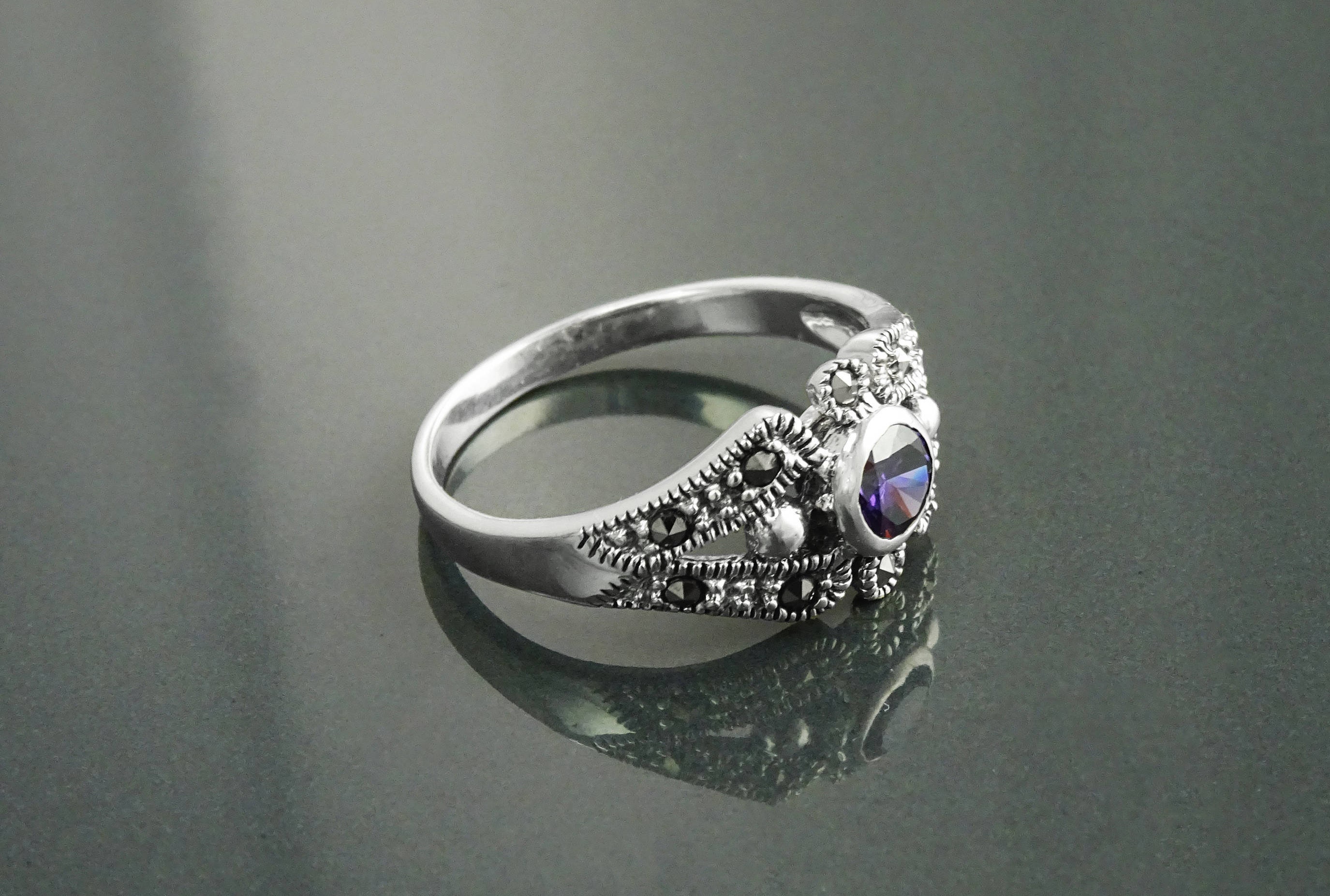 Amethyst Marcasite Ring, Sterling Silver, Vintage Ring, Lab Purple