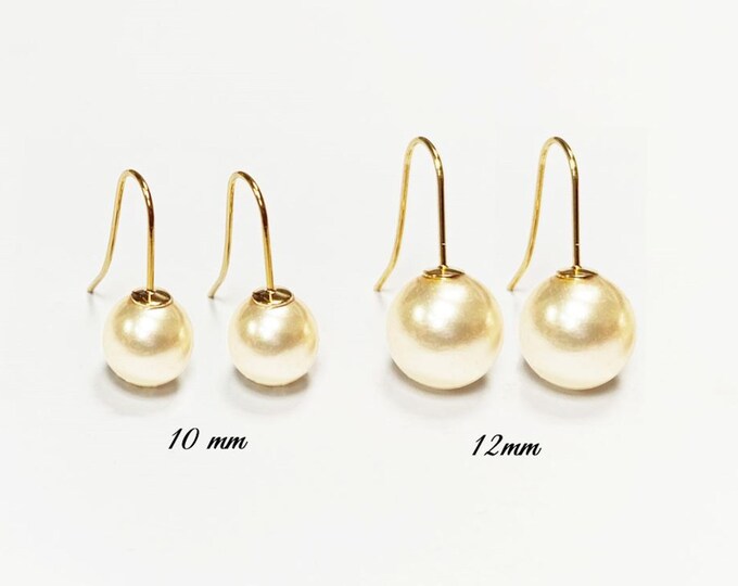 Pearl Hook Earrings • Gold Plated 18K Drop Hooks • 10 or 12mm Creamy White Shell Pearls • Chic Timeless jewelry for Wedding or Everyday Wear