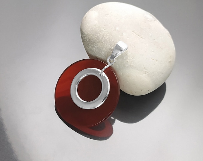 Red Round Pendant, Sterling Silver, Red Agate Stone Discs, Modern Dangle Geometric Necklace, Minimalist Women Jewelry