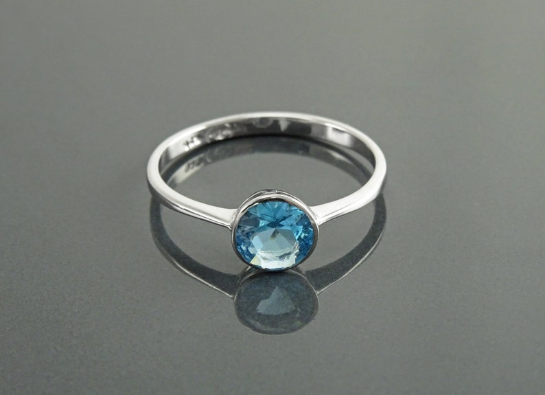 Blue Solitaire Ring, Sterling Silver, Round Stone Closed Bezel Setting Ring, Blue Stone CZ, Easy to Wear Stones Jewelry Solitaire image 1