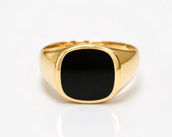 Gold Onyx Signet • Black Square Stone Modern Pinky Band • Tailored Cushion-Top Square Face