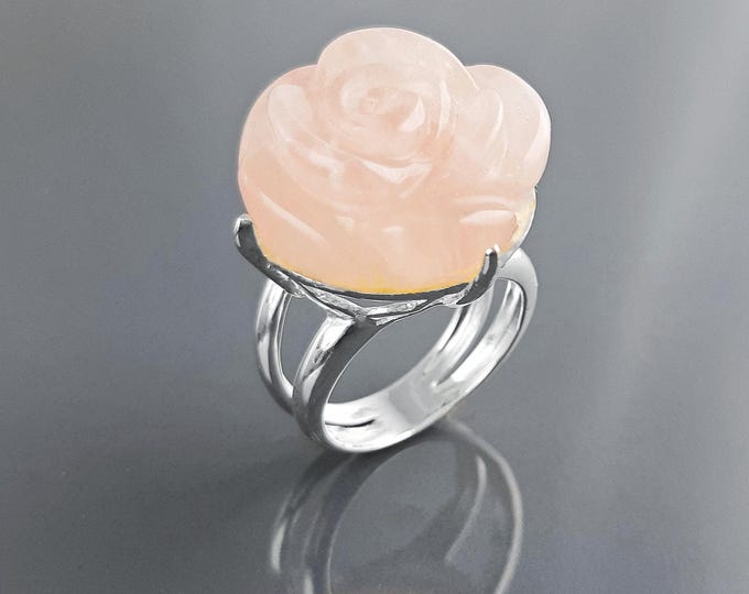 Rose Ring, Sterling Silver made, engraved stone, NATURAL Rose Quartz Gemstone jewelry, Rose flower, Floral design, Birthstone Ring