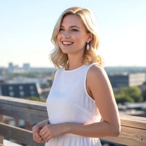 May include: A sleeveless white dress with a round neckline and a pair of long, dangling silver earrings featuring clear, faceted stones. The earrings have a slender, elongated shape that hangs vertically from the earlobe, catching the light.