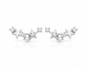 Sterling Silver Celestial Star Climber Earrings • Delicate Diamond Constellation Ear Crawler Studs in Gold & Silver • Everyday Jewelry Gift