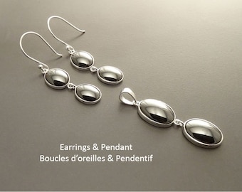 Gray Stone Earrings , Sterling Silver, Grey Hematite Stones Set, Dangle Oval Pendant, Modern Minimalist Drop Gemstone Necklace Gift
