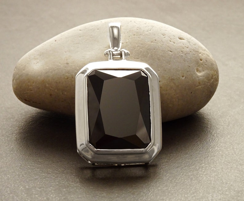 Black rectangle pendant, sterling silver, Oversized big stone cz, big rectangle necklace, unisex man women gift image 5