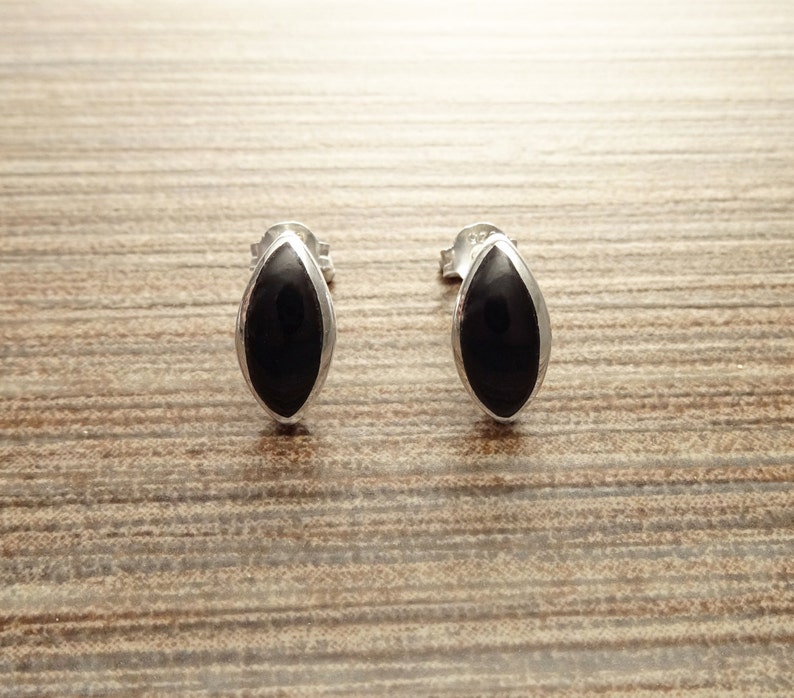 Black Onyx Stud Earrings, Sterling Silver Earrings, onyx Jewelry, Almond Oval Shape, Minimalist Earrings, Black Earrings, Dainty Earrings . image 2