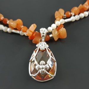 Collier Ras de Cou Agate Véritable, Argent 925, Collier Torque Cuir Galuchat, Perles, Nacre, Dessin Fleur, Zirconia, Pendentif, Agate Orange image 2