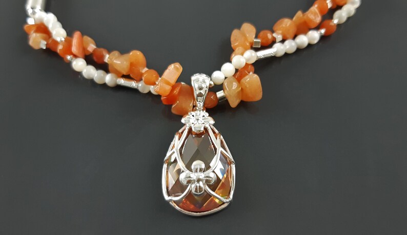 Collier Ras de Cou Agate Véritable, Argent 925, Collier Torque Cuir Galuchat, Perles, Nacre, Dessin Fleur, Zirconia, Pendentif, Agate Orange image 2