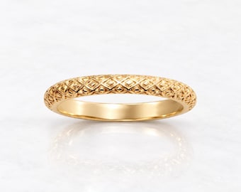 Lattice Ring • 18K Gold plated • Stackable Polished Crosshatch Textured Band