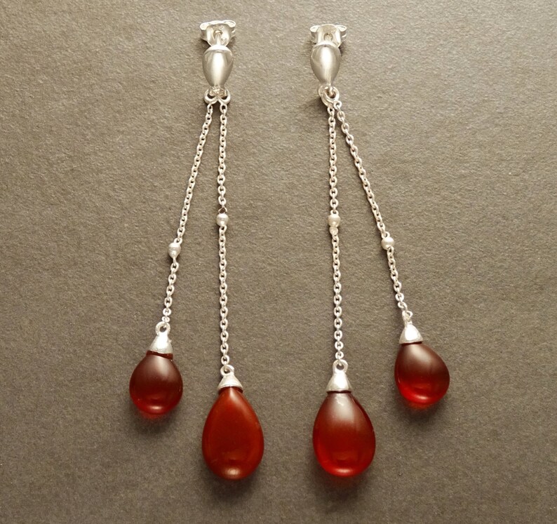 Sterling Silver Earrings Red Agate Gemstone Boho Earrings Chain Earrings Link earrings Teardrop Chain Red Teardrop Earrings