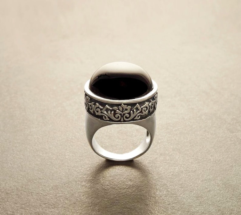 Onyx Ring Sterling Silver Ring Round Stone Black Etsy