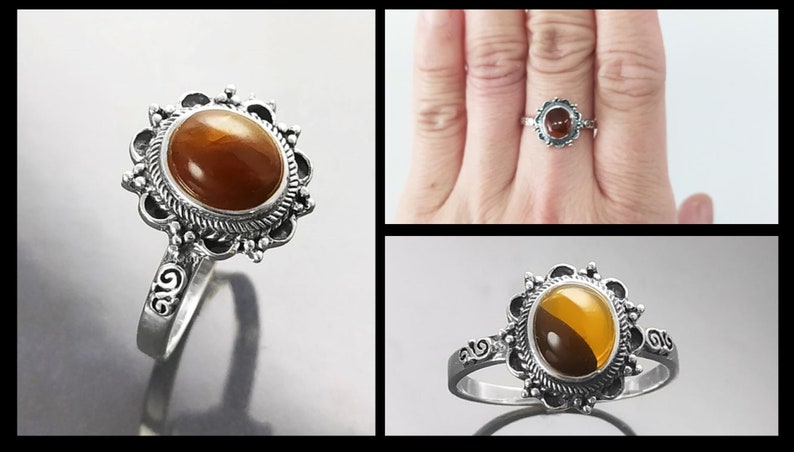 Antique Amber Ring, Sterling Silver, Genuine Amber Ring, Dainty Stone Ring, Midi Oval Ring, Boho Jewelry, Vintage Hipster Ring image 6