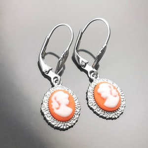 Cameo Earrings - Sterling Silver Red and white Resin stone Cameo - Vintage Victorian Jewelry - Pending Lever Back Hook Earrings System