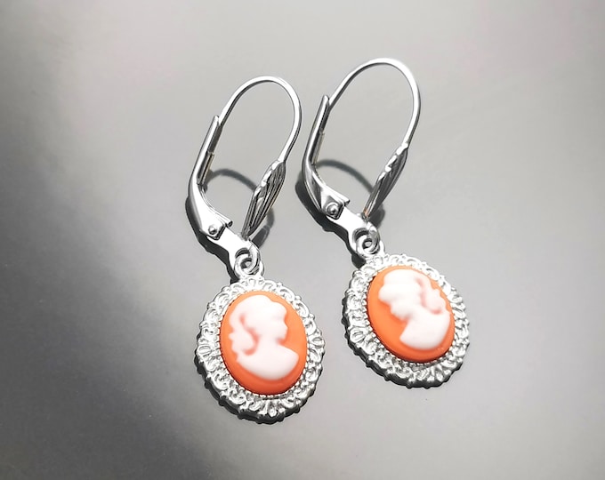 Cameo Earrings - Sterling Silver - Red and white Resin stone - woman face portrait cameo - Vintage lever back - Victorian Jewelry gift