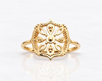 Flower Filigree Mandala Ring • 18K Gold plated • Floral Openwork Band • Vintage Style Jewelry