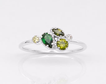 Green Multistone Cluster Ring • Sterling Silver • Mixed-Cut Cz Stones Asymmetrical Design Band • Modern Jewelry