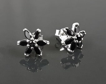 Black Classic Stud Earrings, Sterling Silver Dainty Flowers Earrings, Black Cubic Zircons, Tiny Floral Flower jewelry, Gift for her