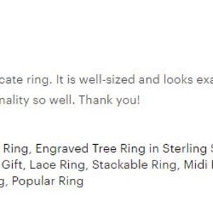 May include: A silver ring featuring a tree of life design. The ring is delicate and intricate, and is described as a bridesmaid gift, lace ring, stackable ring, midi ring, filigree ring, and popular ring.
