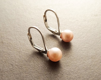 Pink Pearl Earrings, Sterling Silver, Lever Back Earrings, GENUINE 6 mm Pink Shell Balls, Minimalist, Pearl Jewelry