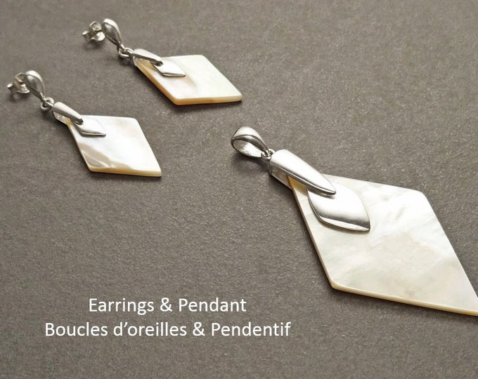 Square White Earrings, Sterling Silver, Mother of Pearl Shell, Earrings and Pendant, Geometric Diamond Shape, Women Stone Jewelry Gift
