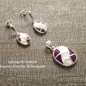 Oval Purple Pendant Sterling Silver Pendant, White Mother of Pearl, Mosaic Wave Pattern Pendant, Inlay Dangle Pendant, Purple Color image 4