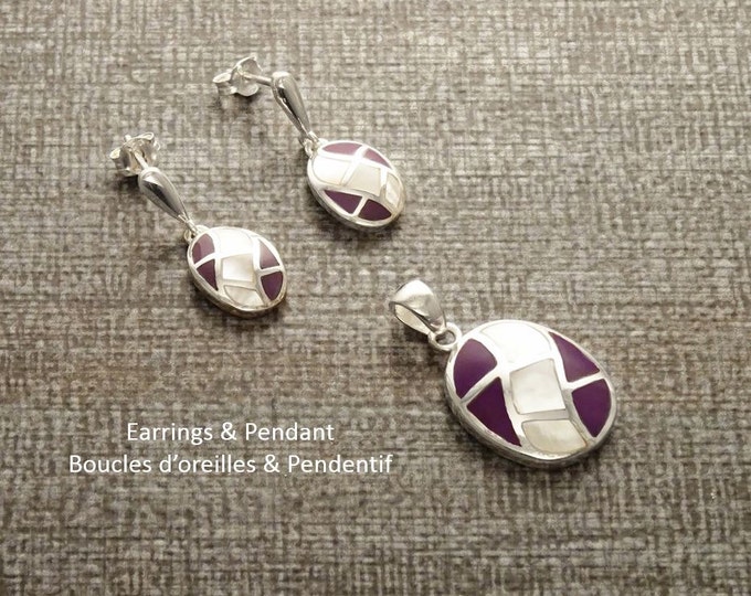 Purple Earrings Set, Sterling Silver, Modern Oval Geometric Design Mosaic Jewelry, White Mother of Pearl Shell, Violet Stones, Wave Pattern