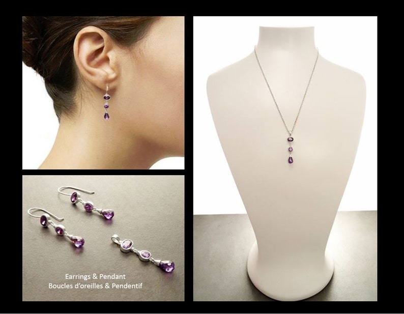 Violet Boucles Améthyste Crochets Argent 925 Boucles d'oreilles Pendantes serties de Zirconias Couleur Améthyste, Parure violette Amthyste image 3