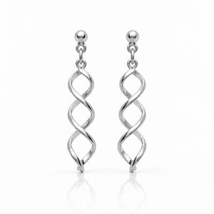 Pode incluir: Um par de brincos pendentes em tom prateado com acabamento em metal polido. Cada brinco consiste num pequeno pino esférico ligado a um longo design em espiral vazado que se torce para baixo num padrão de hélice contínuo e repetitivo.