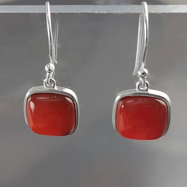 Red Square Earrings, Sterling Silver, Red Agate Gemstone, Rounded Geometric Minimalist Stone Jewelry, Minimalist Agate Earrings, Pop Red.