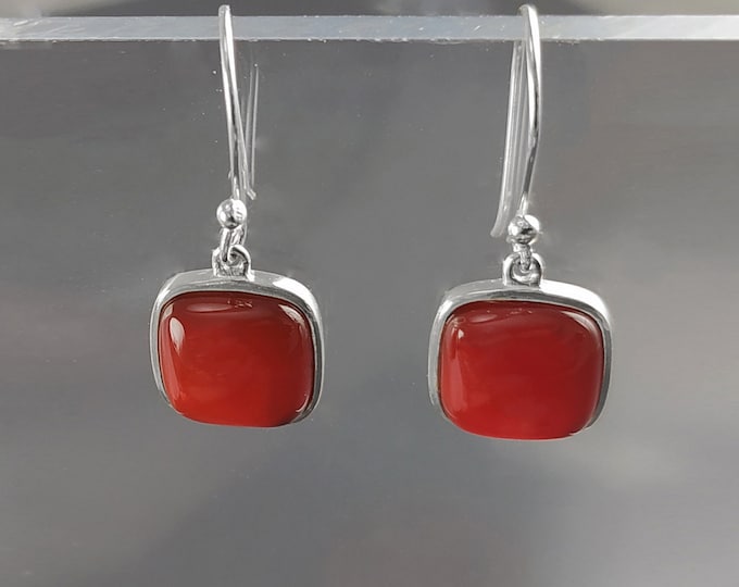 Red Square Earrings, Sterling Silver, Red Agate Gemstone, Rounded Geometric Minimalist Stone Jewelry, Minimalist Agate Earrings, Pop Red.