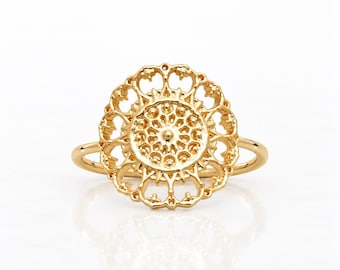 Flower of Life Ring • 18K Gold plated • Floral Openwork Mandala Band • Vintage Style Jewelry