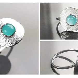 Amazonite Ring, Silver 925, Geometric Round Flat Hammered Disc, Small Blue Green Amazonite Stone, Dainty Modern Minimalist Jewelry