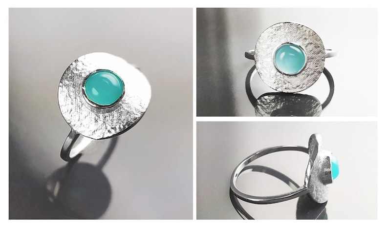 Amazonite Ring, Silver 925, Geometric Round Flat Hammered Disc, Small Blue Green Amazonite Stone, Dainty Modern Minimalist Jewelry