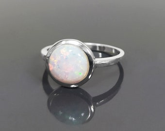 Opal Ring, Sterling Silver, Round White Opal Ring, Enhanced Rainbow Fire Opals Gemstone Birthstone Jewelry, Modern Minimalist Style Gift