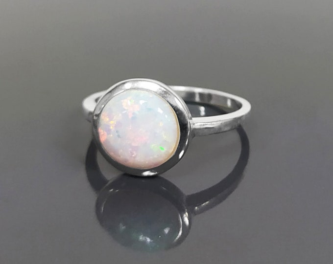 Opal Ring, Sterling Silver, Round White Opal Ring, Enhanced Rainbow Fire Opals Gemstone Birthstone Jewelry, Modern Minimalist Style Gift