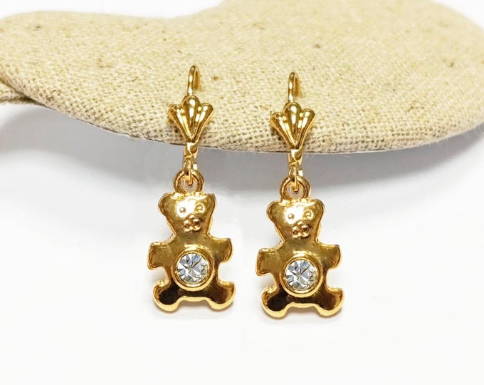 Gummy Bear Earrings • Gold-Plated 18K Lever Back with Crystal Stone • Stylish Fun Bear Cub • Teddy Bear Jewelry • Unique Pooh Gift for Her