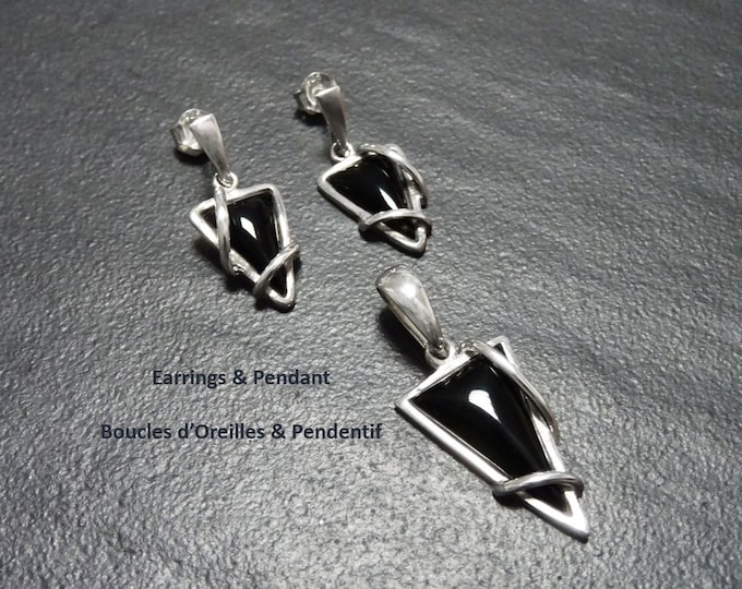 Black Triangle Earrings, Sterling Silver, Onyx Stone, Modern Geometric Jewelry, Earrings and Pendant Set, Women Gift