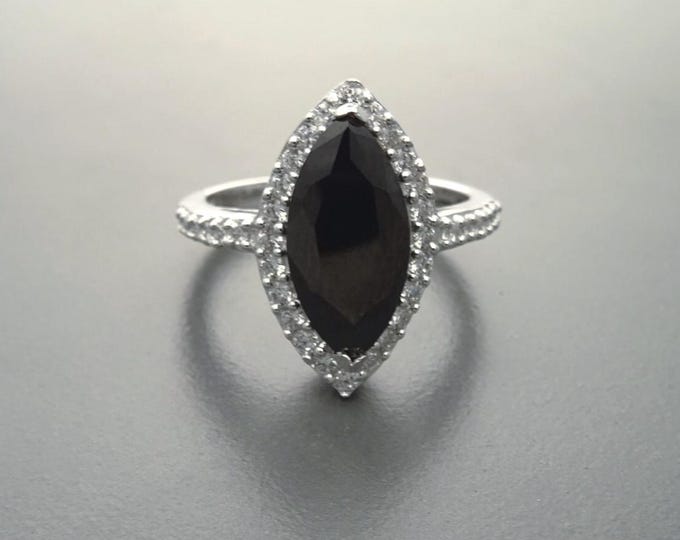 Black Marquise Ring, Sterling Silver, Black and White Lab Diamonds simulant (CZ), Engagement Ring, Modern Marquise Ring, Valentines Day Gift