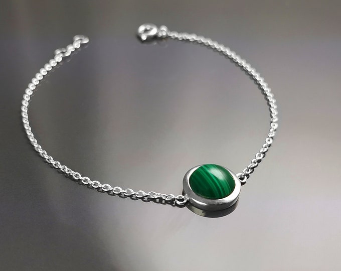 Green Round Bracelet, Sterling Silver, Genuine Malachite Gemstone, Green Stone Bracelet, Birthstone Jewelry, Modern Minimalist Style Gift