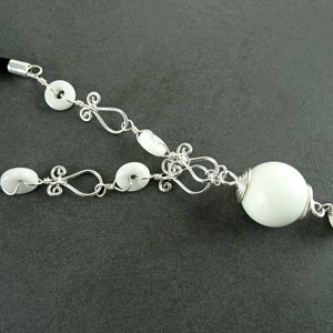 White Ball Necklace, Sterling Silver, White Agate Round Stones, Gemstone Balls and Discs, Black Leather Necklace, Vintage Boho Jewelry Gift