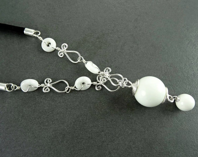 White Ball Necklace, Sterling Silver, White Agate Round Stones, Gemstone Balls and Discs, Black Leather Necklace, Vintage Boho Jewelry Gift