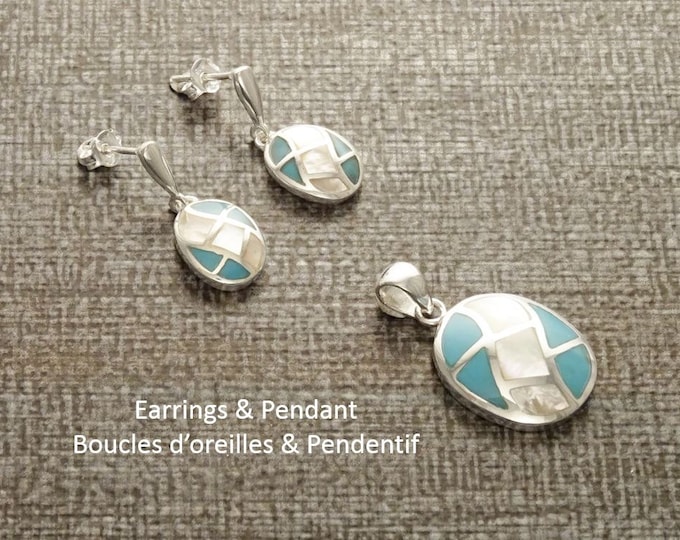 Turquoise Earrings, Sterling Silver, Bicolor Blue Oval Turquoise Stone and White Mother of Pearl Shell, Modern Geometric Grid Jewelry Set