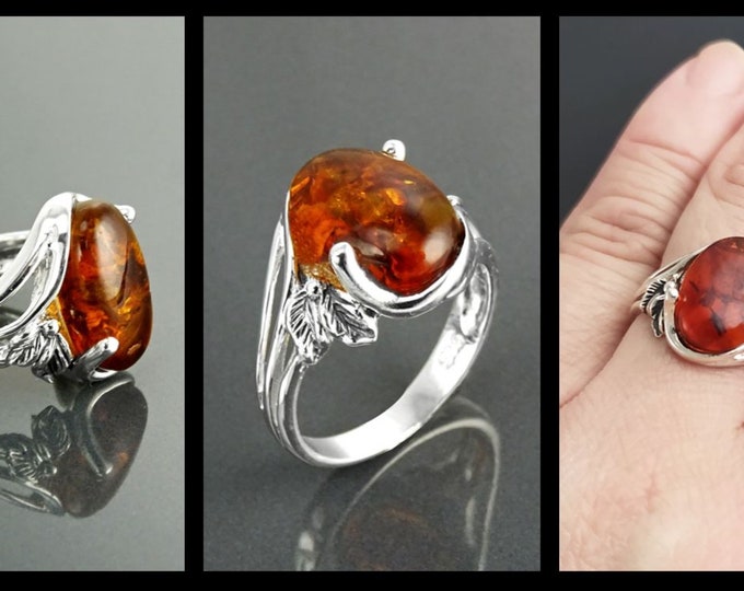 Genuine Amber Filigree Ring, Sterling Silver, Intricate Lace Ring, Horizontal Oval Shape Ring, Boho Gypsy Ring, Antique Vintage Jewelry